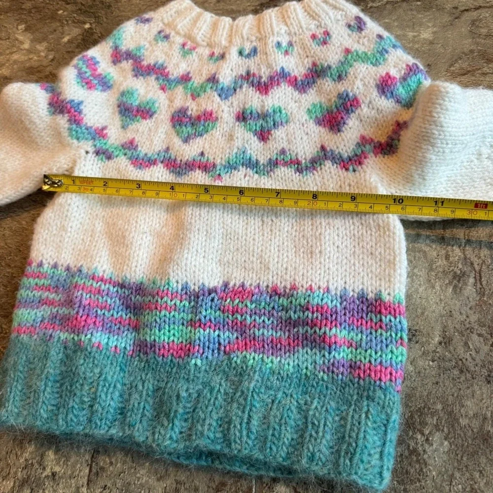 OOAK Hand Knit Handmade Colorful Heart Sweater, Kids Pullover, Cozy Winter Top‎ - Picture 5 of 7
